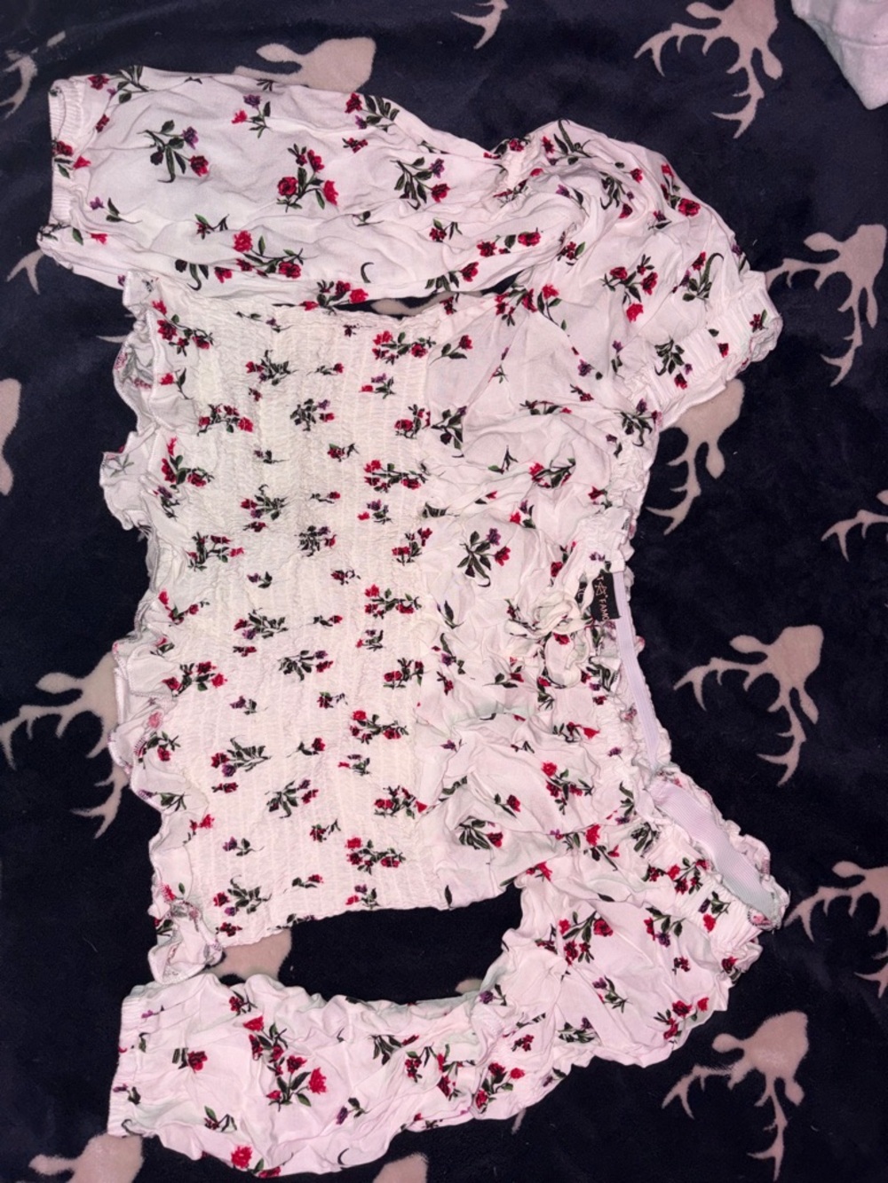 White Floral Smocked Crop Top with Red and Green Accents